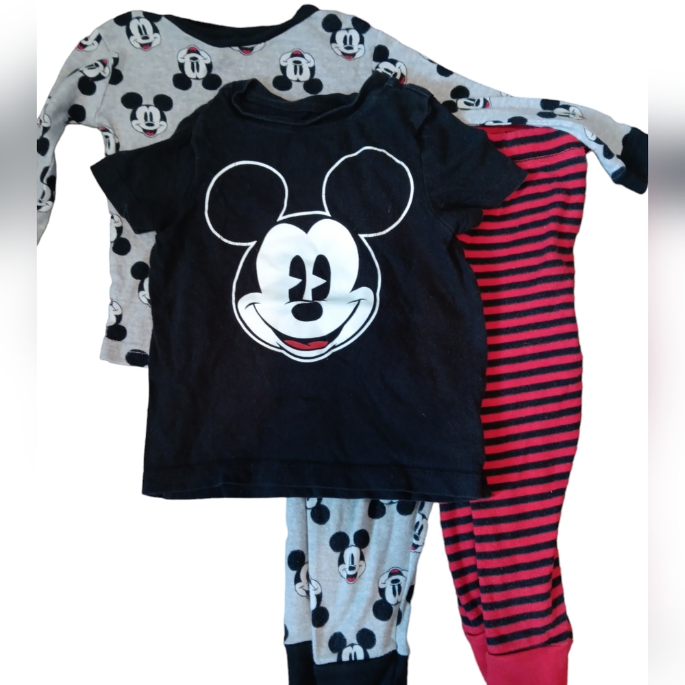 Two sets of Mickey Mouse jammies, size 2T - black shirt is 18M.